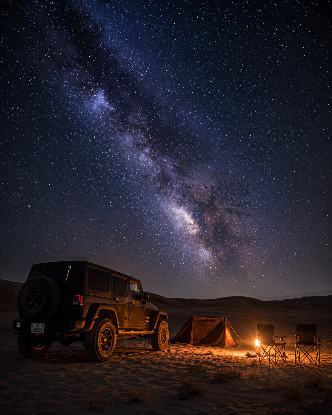 Desert camp with jeep and Milky Way overhead