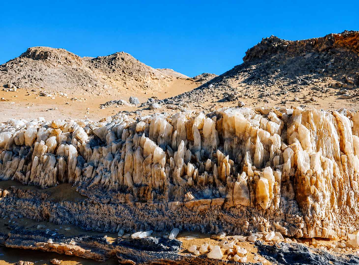 White Desert crystalline rock formations under blue sky