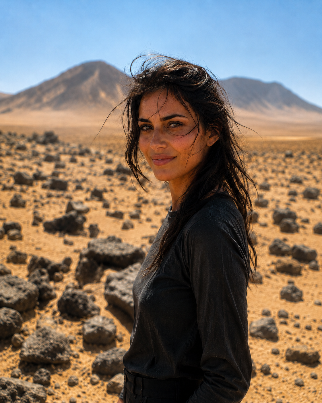 Woman in black shirt in rocky desert with mountains