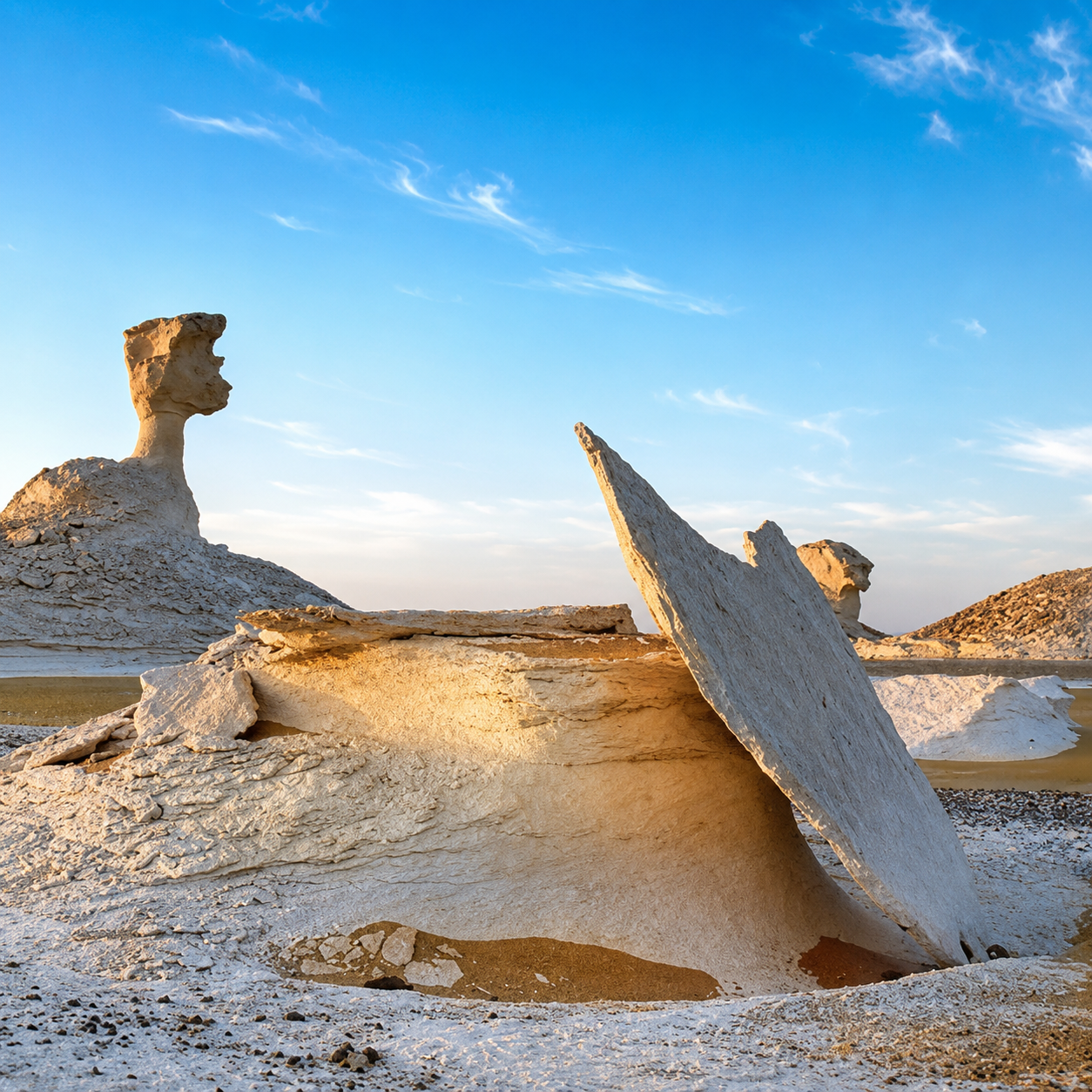 White Desert limestone slabs and sculpted formations in daylight